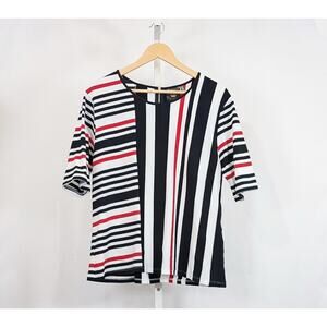 Vecceli Italy Top White Black Red Stripe Short Sleeve Misses Size L